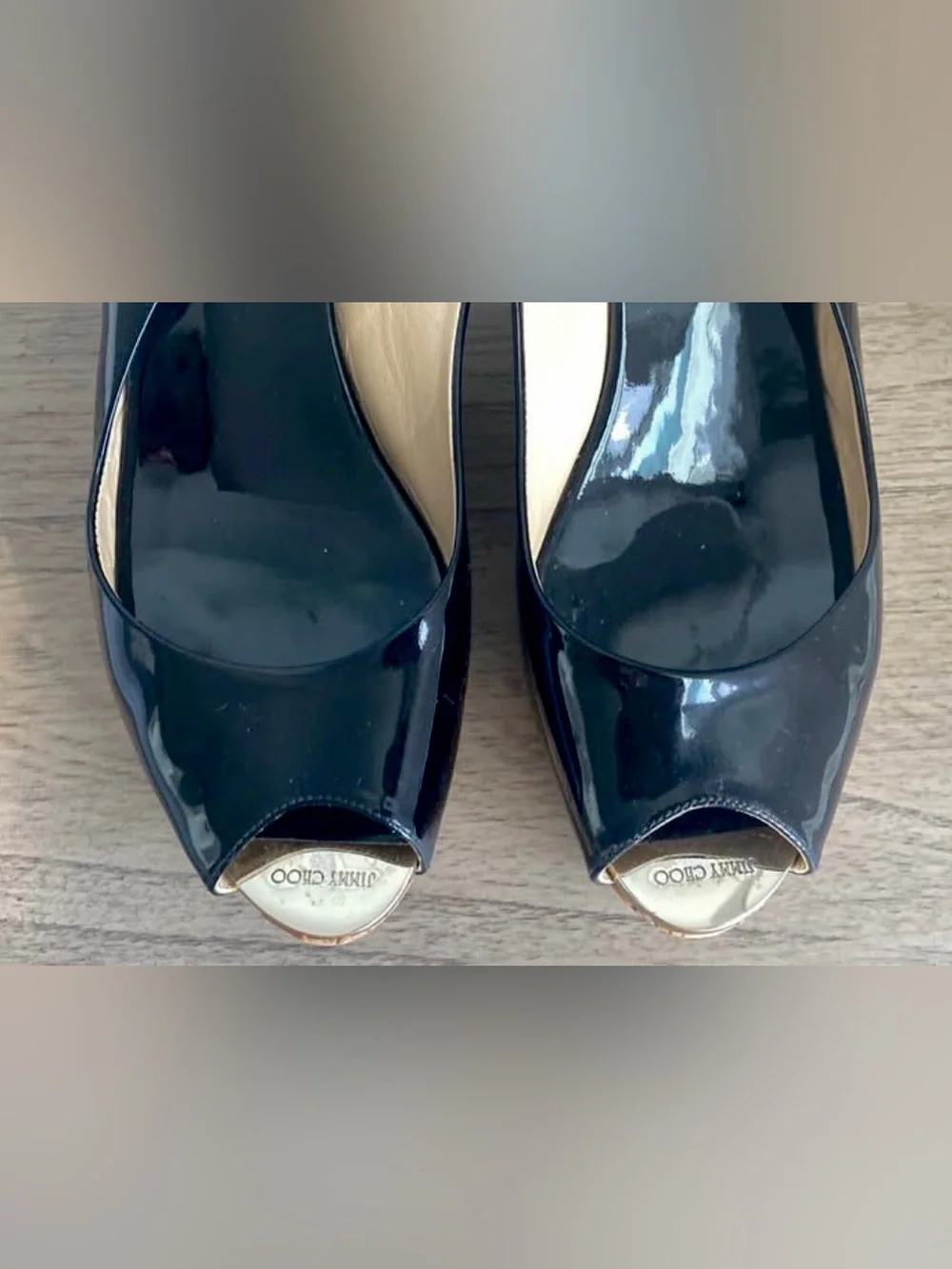 Jimmy Choo Black Patent Leather Wedge Peep-Toe Size IT 41 - US 10.5 width 3”